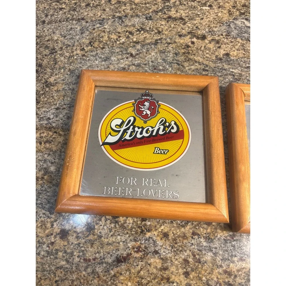 Vintage Bar Mirror Set Stroh's Jim Beam Mickey's Malt Liquor Wood Frame 7x7 4pc
